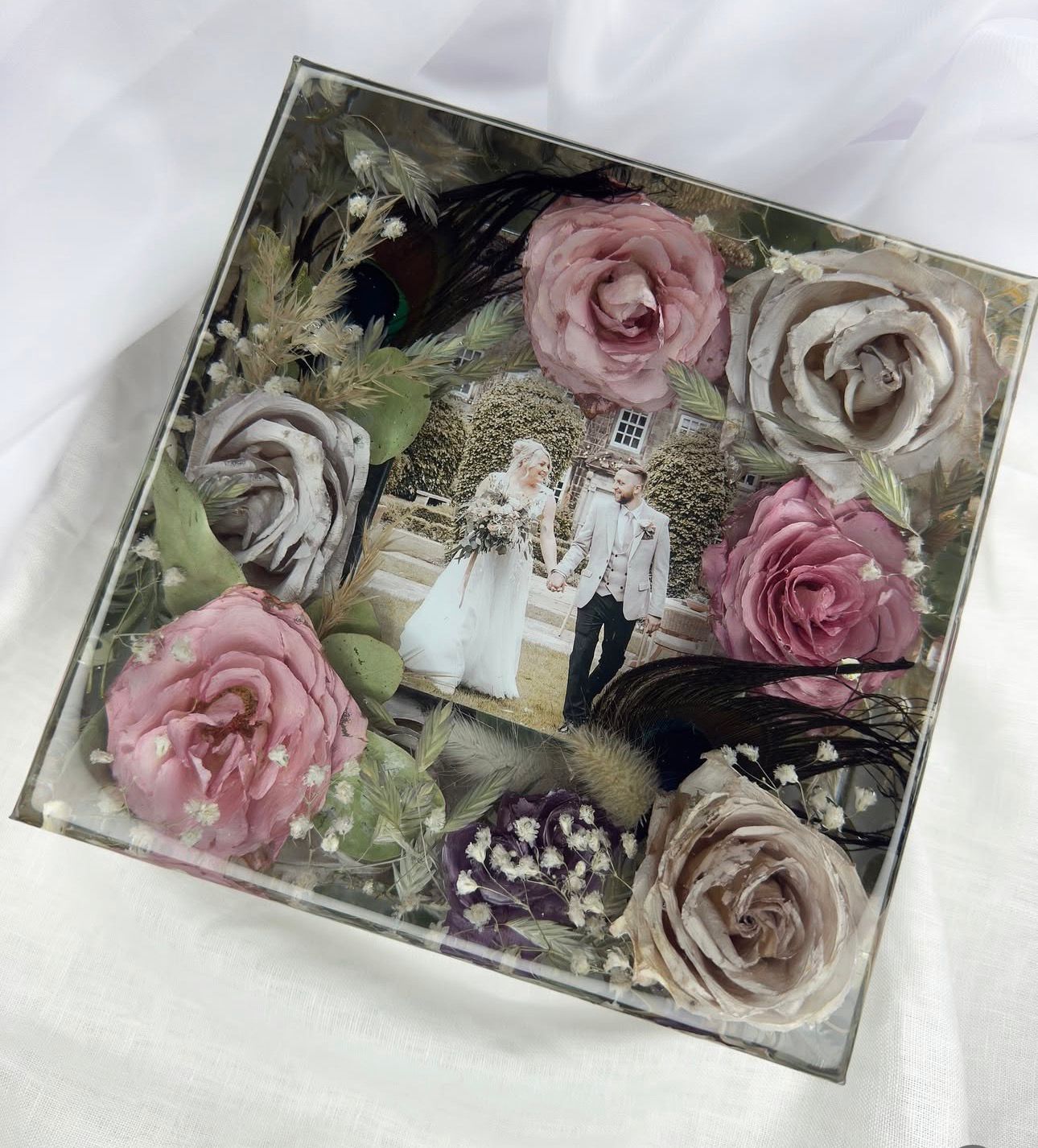 Pink and ivory rose floral photo block with peacock feather accent