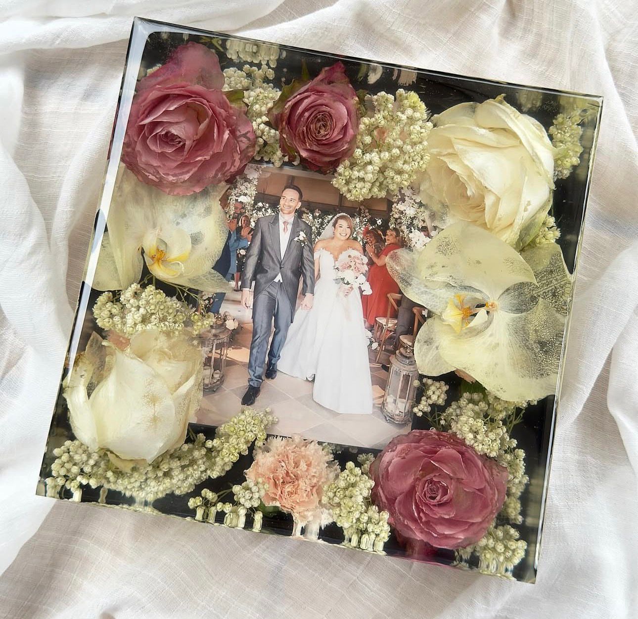 Burgundy and ivory rose floral photo block with wedding portrait